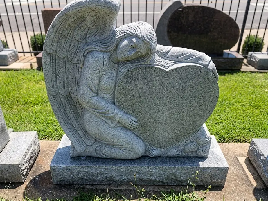 A grey granite kneeling angel holding a blank heart, one of our memorials in the display yard
